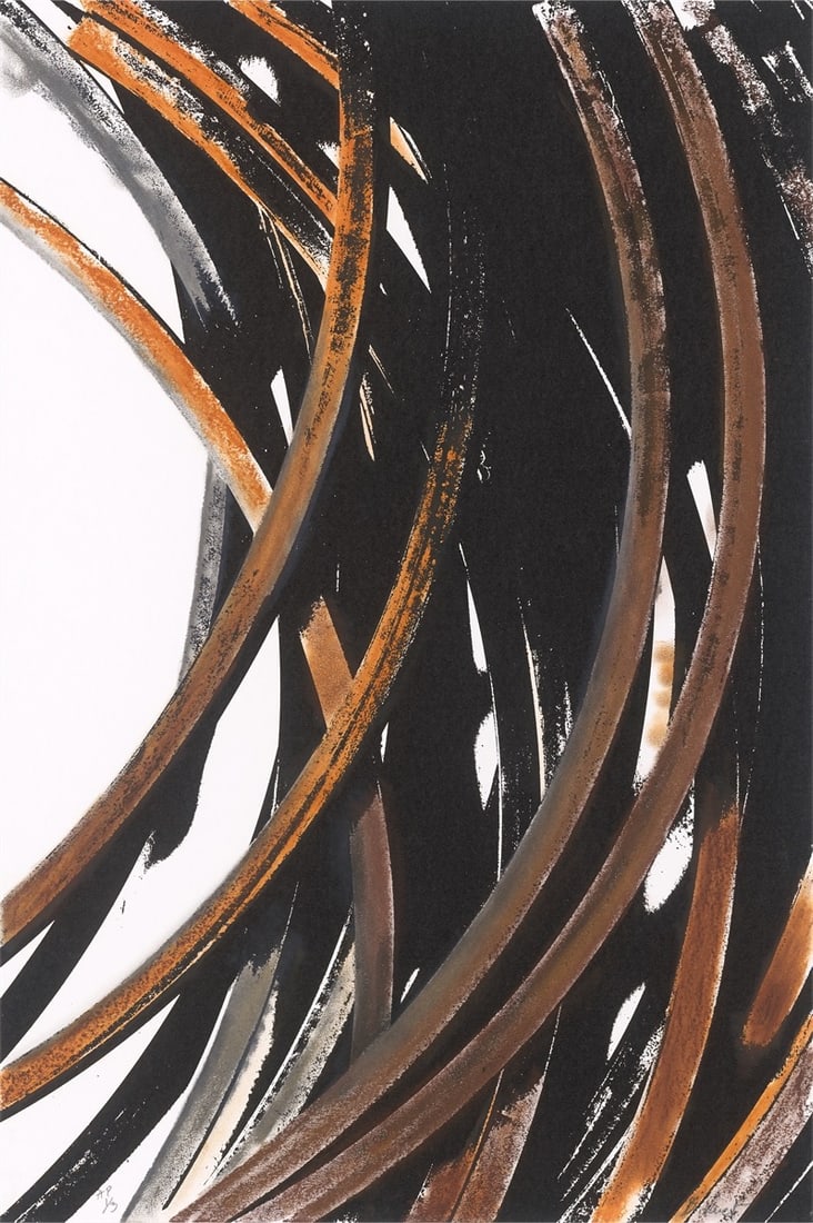 Bernar Venet. ”V Arcs”. 2022: Bernar Venet (Château-Arnoux-Saint-Auban 1941 – lives in Le Muy/France). ”V Arcs”. 2022 Oil stick over silkscreen on wove paper. 109,3 × 73,2 cm (43 × 2