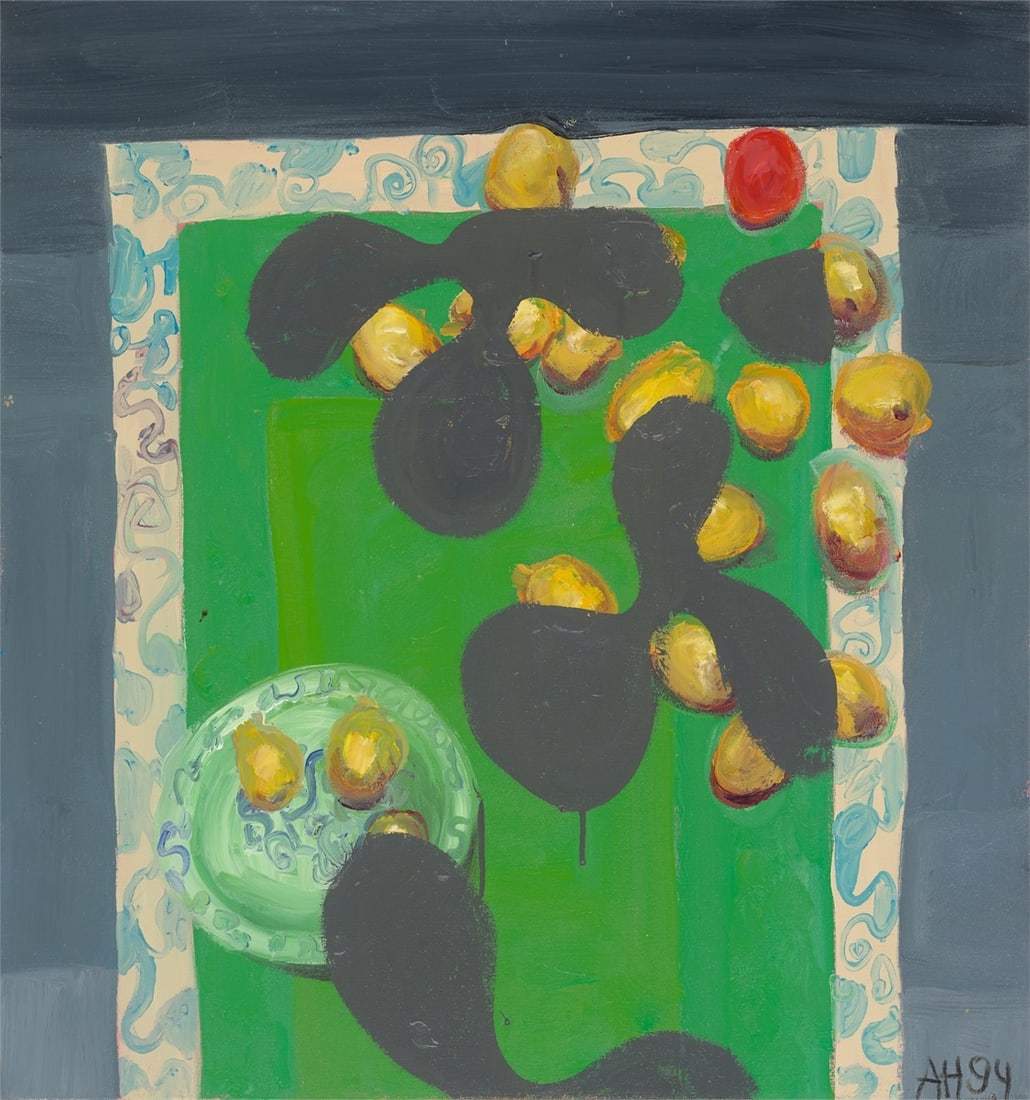 Anton Henning. ”Modernes Stilleben mit modernen Früchten”. 1994: Anton Henning (Berlin 1964 – lives in Manker and Berlin). ”Modernes Stilleben mit modernen Früchten”. 1994 Oil on canvas, with artist's framing. 76,5 × 72 cm