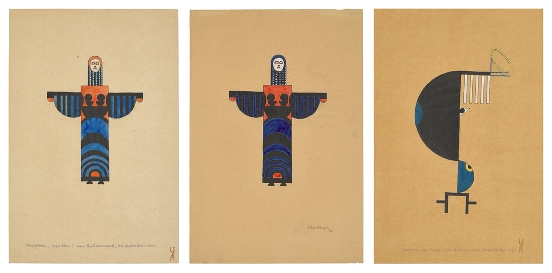 Lothar Schreyer. 2 x ”Farbform 6 (Mutter) aus Bühnenwerk 'Kindsterben'” / ”Fa: Lothar Schreyer (Blasewitz bei Dresden 1886 – 1966 Hamburg). 2 x ”Farbform 6 (Mutter) aus Bühnenwerk 'Kindsterben'” / ”Farbform 2 (Die Nacht) aus Bühnenwerk 'Kindster