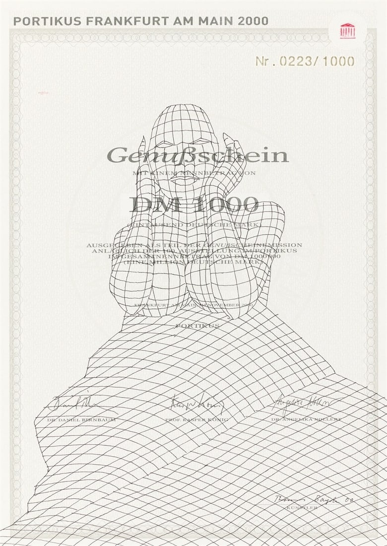 Thomas Bayrle. ”Genußschein”. 2000: Thomas Bayrle (Berlin 1937 – lives in Frankfurt am Main). ”Genußschein”. 2000 India ink and ballpoint pen in red over offset, on wove paper. 28,9 × 20,9 cm (