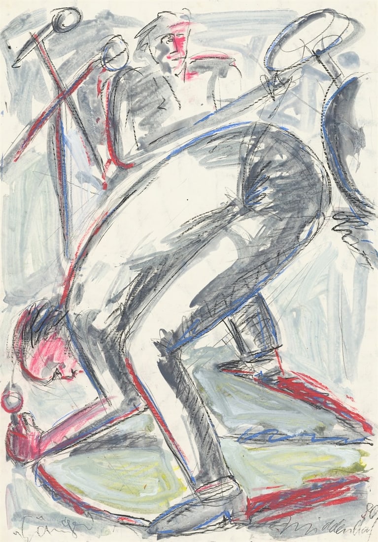 Helmut Middendorf. ”Sänger”. 1980: Helmut Middendorf (Dinklage 1953 – lives in Berlin and Athens). ”Sänger”. 1980 Gouache, charcoal and coloured chalk on paper. 88,2 × 62 cm (34 ¾&nb