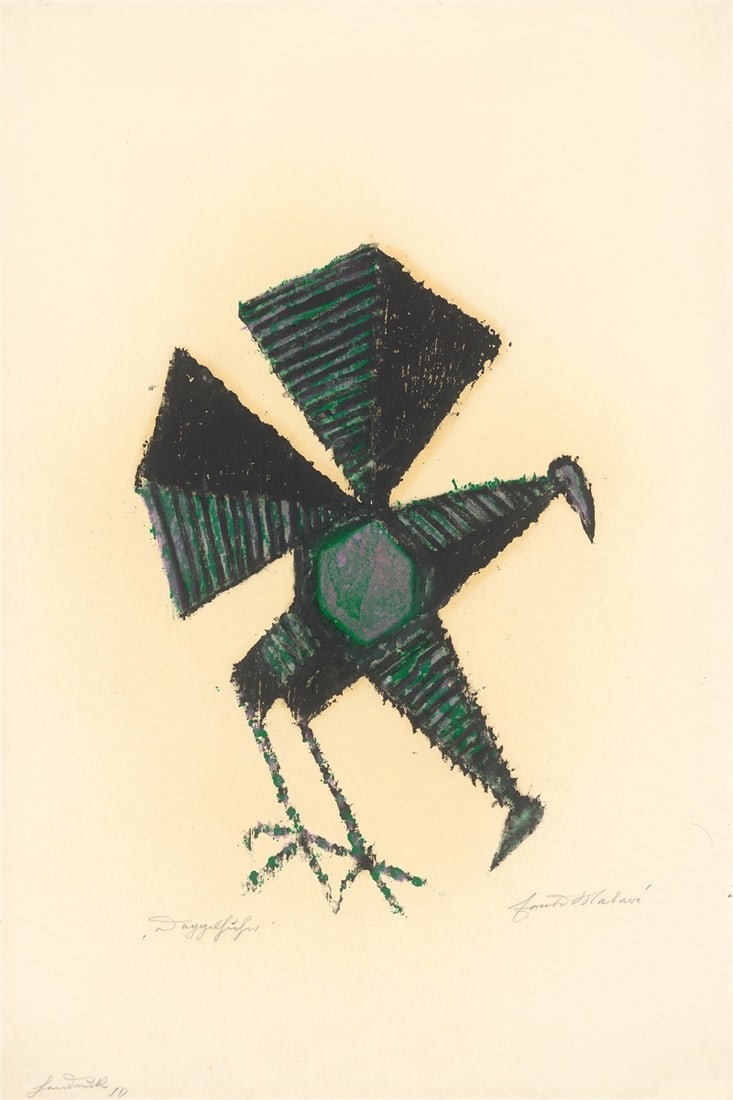 Ewald Mataré. ”Doppelhuhn”. 1963/64: Ewald Mataré (Aachen 1887 – 1965 Düsseldorf). ”Doppelhuhn”. 1963/64 Oil paint over colour woodcut on wove paper. 48,2 × 33 cm (79 × 53,2 cm) (