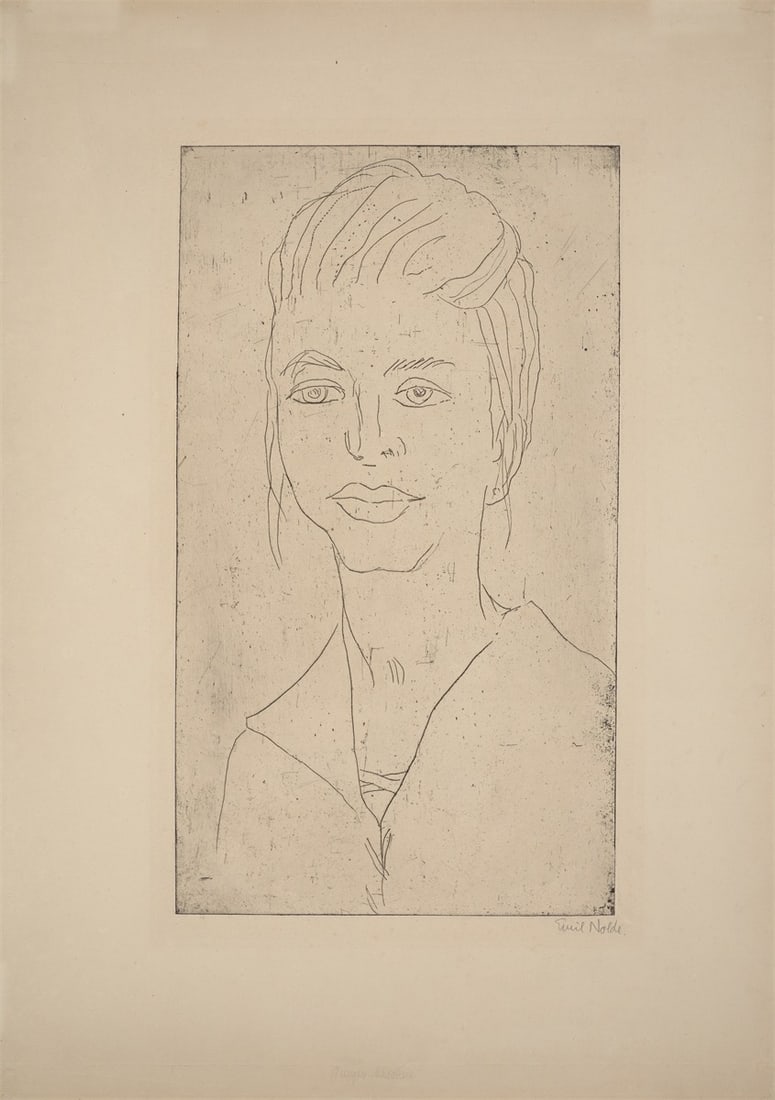 Emil Nolde. ”Junges Mädchen”. 1922: Emil Nolde (Nolde 1867 – 1956 Seebüll). ”Junges Mädchen”. 1922 Drypoint etching on wove paper. 43,5 × 25 cm (63,2 × 45,2 cm) (17&nbs