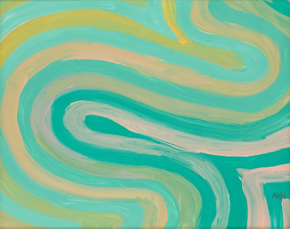 Anton Henning. ”Moderne Streifen”. 1996: Anton Henning (Berlin 1964 – lives in Manker and Berlin). ”Moderne Streifen”. 1996 Oil on canvas, in artist's frame. 40 × 50 cm (frame: 51 × 61,3)