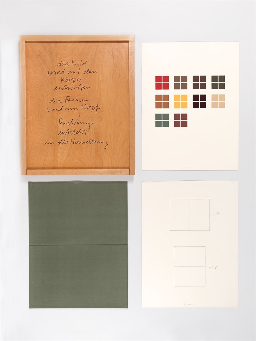 Franz Erhard Walther. ”Die Formen sind im Kopf”. 1969/1990: Franz Erhard Walther (Fulda 1939 – lives in Fulda). ”Die Formen sind im Kopf”. 1969/1990 3-part multiple: 1 textile object, 1 pencil on cardboard, 1 colour silkscreen on cardboard, i