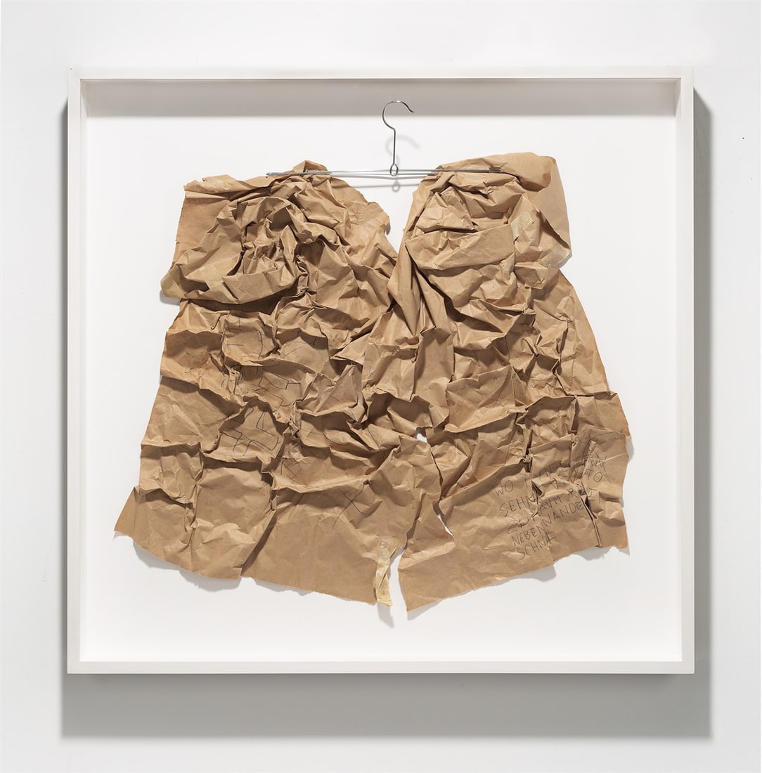 Herbert Zangs. Untitled, from the series ”Objects”. 1970s: Herbert Zangs (1924 – Krefeld – 2003). Untitled, from the series ”Objects”. 1970s Pencil on brown, folded wrapping paper, staples and adhesive tape, attached to a metal coat ha