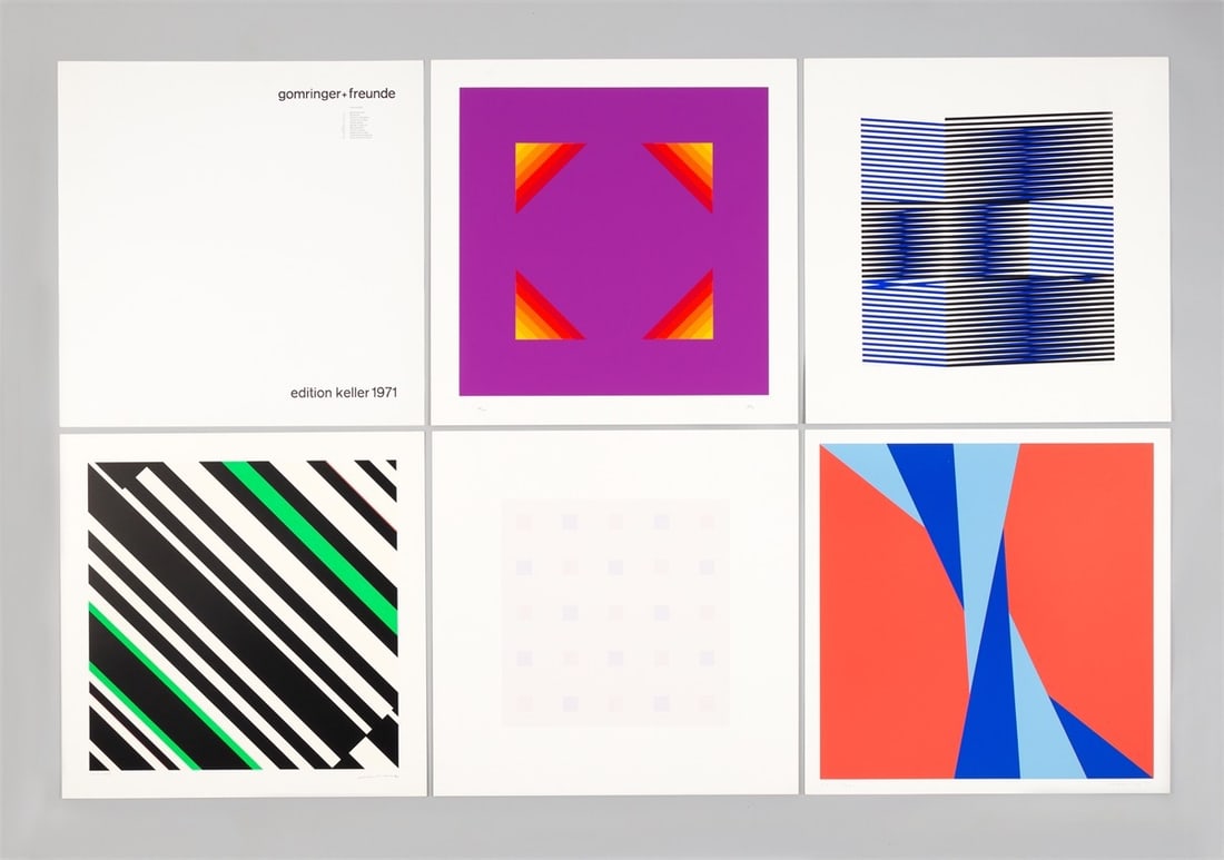 Portfolio. ”Gomringer + Freunde”. 1971: Portfolio. ”Gomringer + Freunde”. 1971 Portfolio with 11 colour silkscreens on Schoellershammer cardboard by Getulio Alviani, Jakob Bill, Antonio Calderara, Carlos Cruz-Diez, Walter Dexel,
