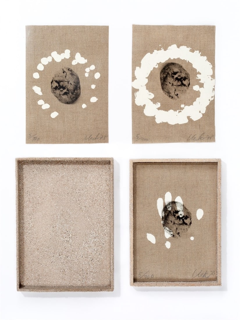 Günther Uecker. Untitled (Handling). 1974/75: Günther Uecker (Wendorf/Mecklenburg 1930 – 2025 Düsseldorf). Untitled (Handling). 1974/75 3 sheets: each silkscreen on coarse linen and printed film; in artist's box. Each: 29,5 &