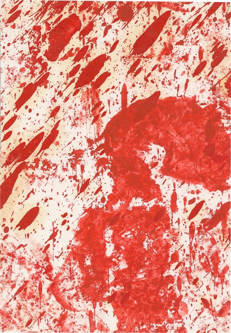 Hermann Nitsch. ”18. malaktion”. 1986: Hermann Nitsch (Vienna 1938 – 2022 Mistelbach). ”18. malaktion”. 1986 Oil and acrylic on paper. 30,1 × 20,9 cm (11 ⅞ × 8 ¼&nbs