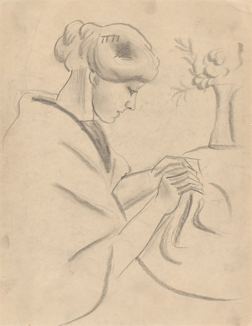 August Macke. ”Nähende Frau II” (Elisabeth Macke). 1910: August Macke (Meschede 1887 – 1914 Perthes-lès-Hurlus). ”Nähende Frau II” (Elisabeth Macke). 1910 Pencil, stumping, on wove paper. 32,5 × 25,5 cm (12&nb