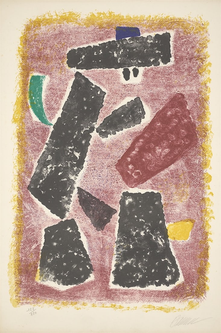 Willi Baumeister. ”Souvenir d'Espagne (Erinnerung an Spanien)”. 1953: Willi Baumeister (1889 – Stuttgart – 1955). ”Souvenir d'Espagne (Erinnerung an Spanien)”. 1953 Colour lithograph on Marais wove paper. 51 × 35 cm (57 &