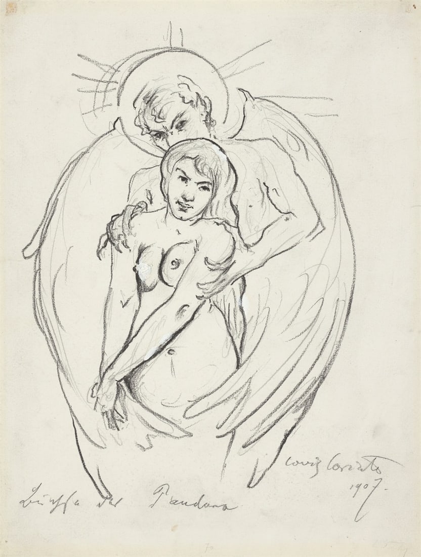Lovis Corinth. ”Büchse der Pandora”. 1907: Lovis Corinth (Tapiau/East Prussia 1858 – 1925 Zandvoort). ”Büchse der Pandora”. 1907 Charcoal, pencil and opaque white on wove paper. 34,1 × 25,9 cm (13&nbs