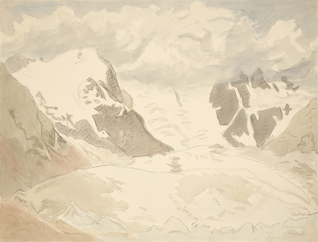 Erich Heckel. ”Gletscher i. Nebel”. 1956: Erich Heckel (Döbeln 1883 – 1970 Radolfzell on Lake Constance). ”Gletscher i. Nebel”. 1956 Watercolour and charcoal on thin laid paper. 48,2 × 63,5 cm (19&nb