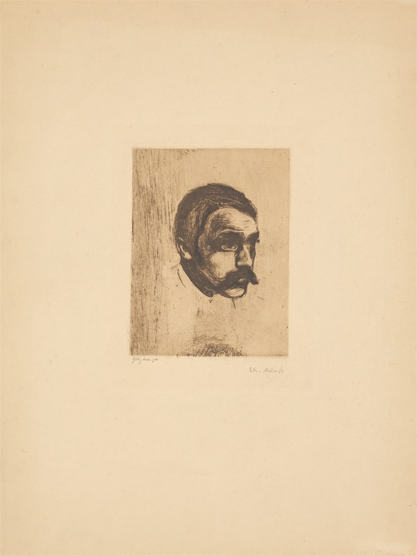 Edvard Munch. ”Sigbjørn Obsfelder”. 1897: Edvard Munch (Løiten/Hedmark 1863 – 1944 Ekely near Oslo). ”Sigbjørn Obsfelder”. 1897 Etching and drypoint on heavy cream wove paper. 17 × 12,9 cm (46,9 