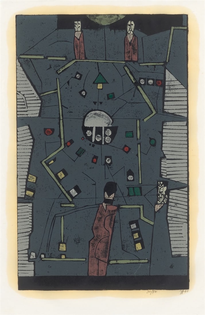 Horst Janssen. ”Spieltisch”. 1961/87: Horst Janssen (1929 – Hamburg – 1995). ”Spieltisch”. 1961/87 Colour woodcut on Japan paper. 79,4 × 49,5 cm (91,3 × 61,5 cm) (31 