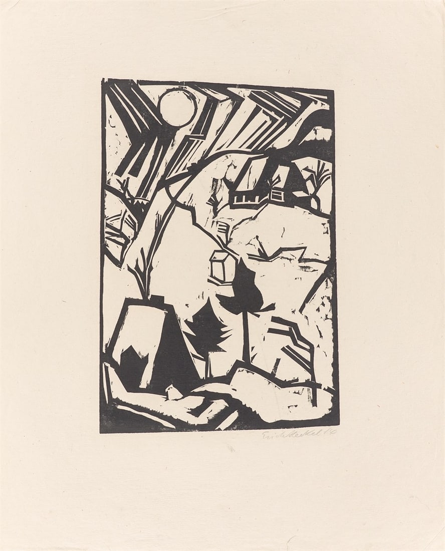 Erich Heckel. ”Schneetreiben (Gebirge im Schnee)”. 1914: Erich Heckel (Döbeln 1883 – 1970 Radolfzell on Lake Constance). ”Schneetreiben (Gebirge im Schnee)”. 1914 Woodcut on handmade laid paper. 43,5 × 29,5 cm (70,