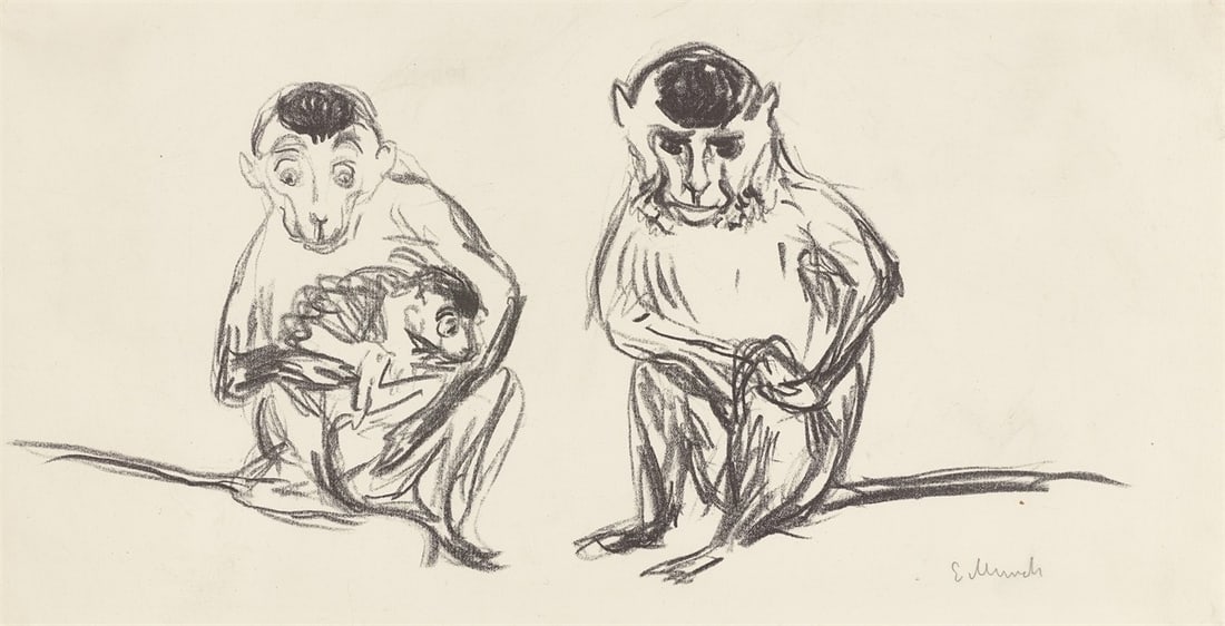 Edvard Munch. ”Affenfamilie”. 1908-09: Edvard Munch (Løiten/Hedmark 1863 – 1944 Ekely near Oslo). ”Affenfamilie”. 1908-09 Lithograph on heavy wove cardboard. 17,5 × 37 cm (20,5 × 40