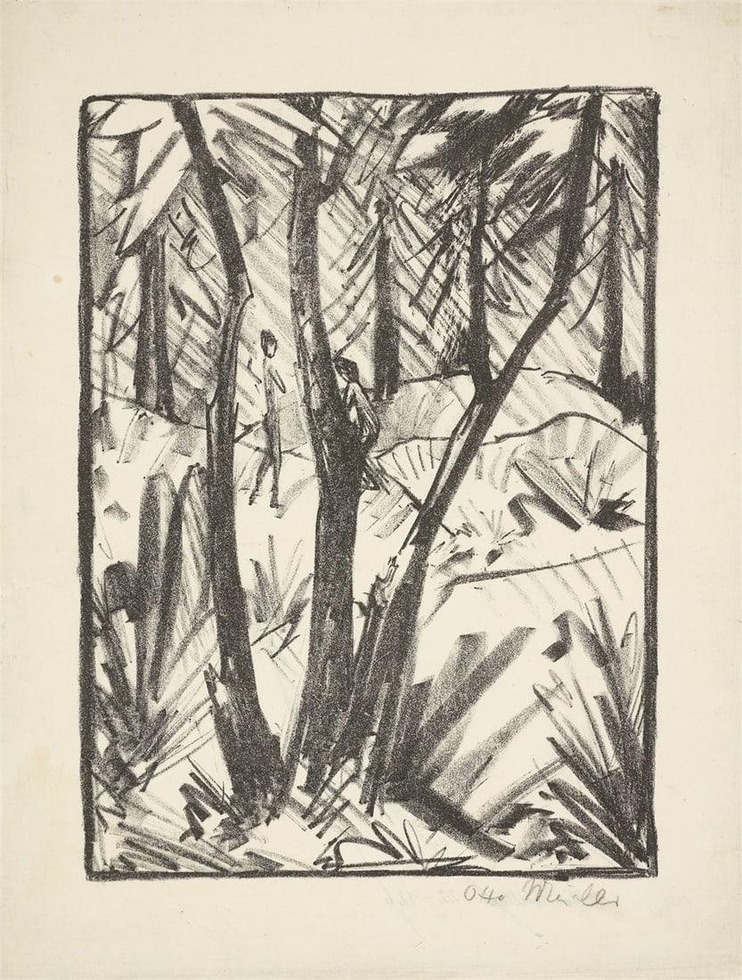 Otto Mueller. ”Waldlandschaft mit kleinen Figuren (2)”. Circa 1919: Otto Mueller (Liebau, Silesia 1874 – 1930 Wrocław). ”Waldlandschaft mit kleinen Figuren (2)”. Circa 1919 Lithograph on thin paper. 39,8 × 29,2 cm (37,8 