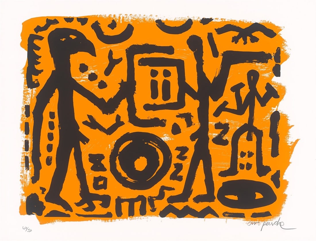A.R. Penck. ”Falkenkopf, Jäger und Adler”. 1994: A.R. Penck (Dresden 1939 – 2017 Zurich). ”Falkenkopf, Jäger und Adler”. 1994 Colour silkscreen on laid paper. 52,4 × 71 cm (61 × 79,9 cm)