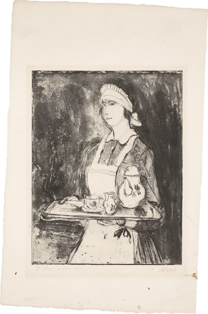 Rolf Nesch. ”Mädchen mit Teetablett”. 1927: Rolf Nesch (Oberesslingen am Neckar 1893 – 1975 Oslo). ”Mädchen mit Teetablett”. 1927 Drypoint and aquatint on Zander wove paper. 32 × 24,8 cm (50,4 