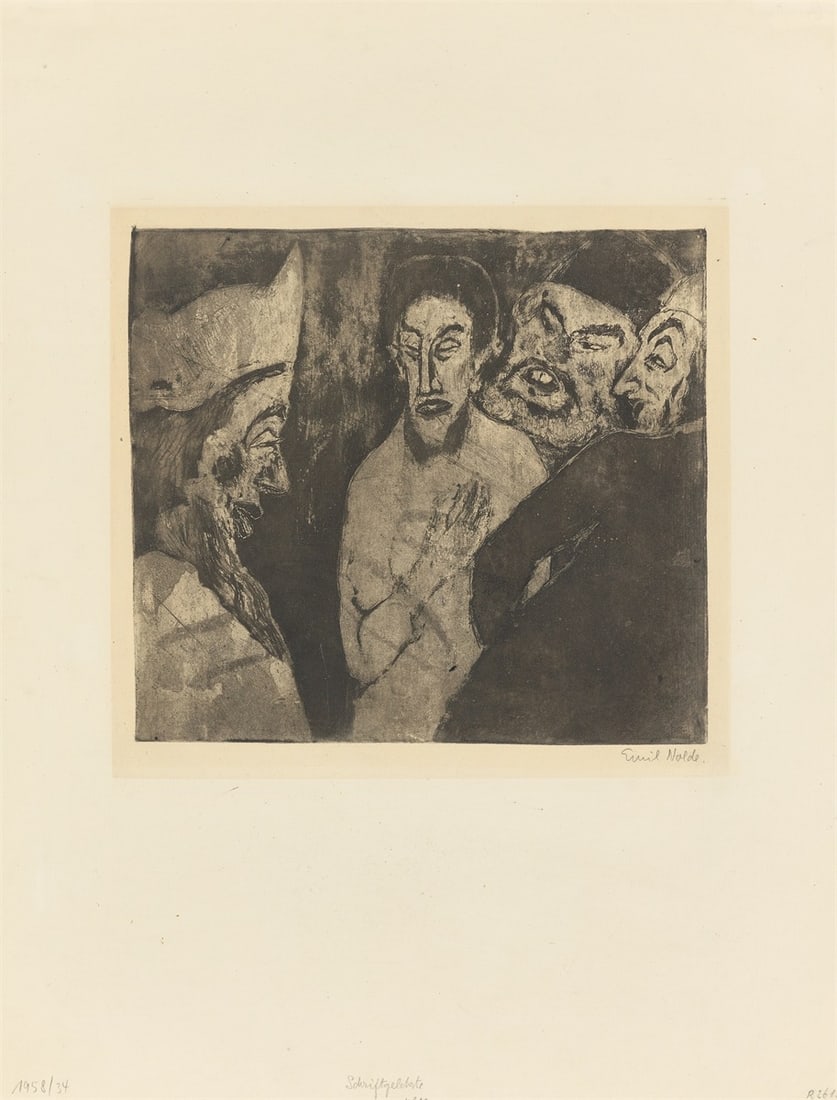 Emil Nolde. ”Schriftgelehrte”. 1911: Emil Nolde (Nolde 1867 – 1956 Seebüll). ”Schriftgelehrte”. 1911 Etching on cream laid paper. 26,8 × 29,8 cm (57,7 × 44,3 cm) (10 
