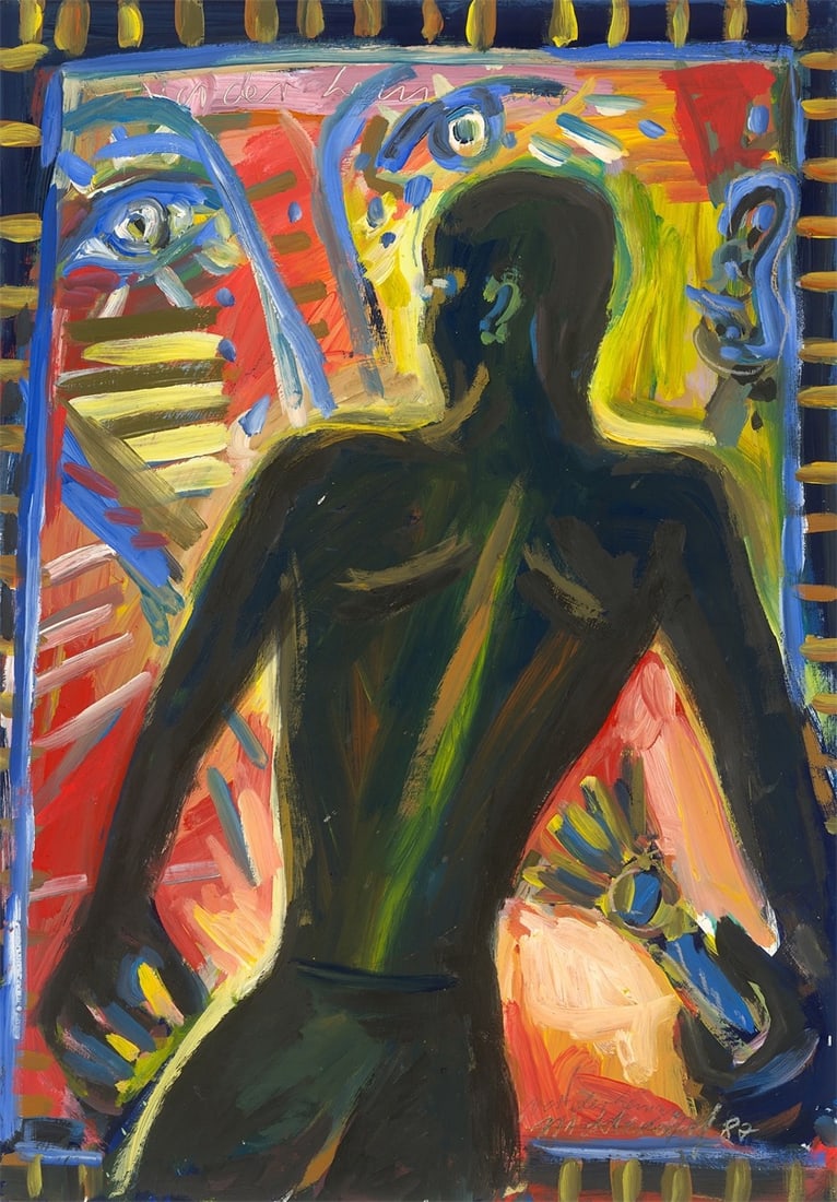 Helmut Middendorf. ”Vor der Leinwand”. 1987: Helmut Middendorf (Dinklage 1953 – lives in Berlin and Athens). ”Vor der Leinwand”. 1987 Acrylic on paper. 99,7 × 69,9 cm (39 ¼ × 27 