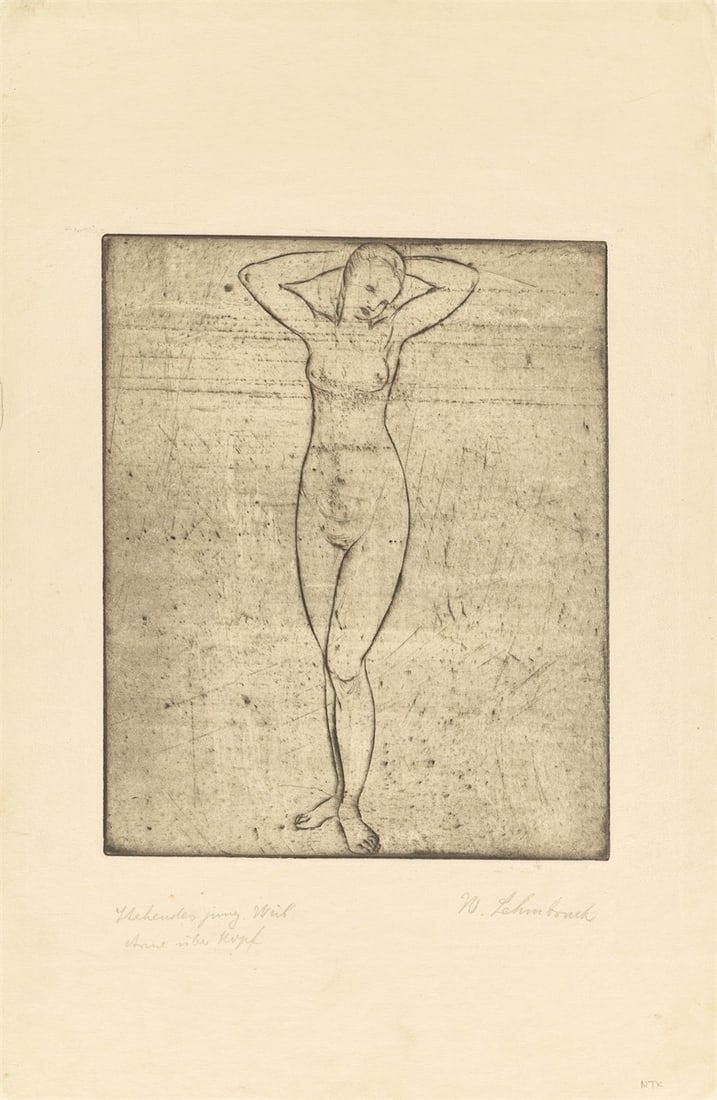 Wilhelm Lehmbruck. ”Stehendes junges Weib mit über dem Kopf verschränkten Armen̶: Wilhelm Lehmbruck (Duisburg 1881 – 1919 Berlin). ”Stehendes junges Weib mit über dem Kopf verschränkten Armen”. 1912 Etching on wove paper. 27,7 × 22,7 