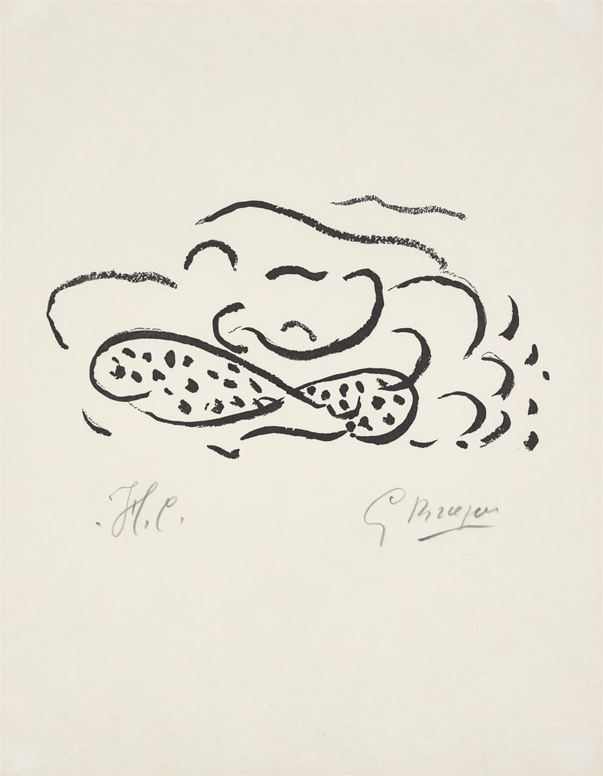 Georges Braque. From: ”Si je mourais là-bas”. 1962: Georges Braque (Argenteuil 1882 – 1963 Paris). From: ”Si je mourais là-bas”. 1962 Woodcut on Japon nacré. 15,5 × 30,5 cm (46,6 × 36,6&nbs