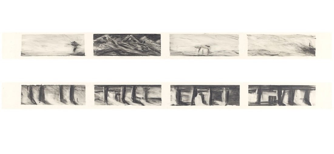 Robert Wilson. Medea ”Act I” / ”Medea # I Prolog”. Circa 1985: Robert Wilson (Waco, Texas 1941 – 2025 New York). Medea ”Act I” / ”Medea # I Prolog”. Circa 1985 2 sheets each with 4 charcoal drawings. Sheets: each 6,9 × 