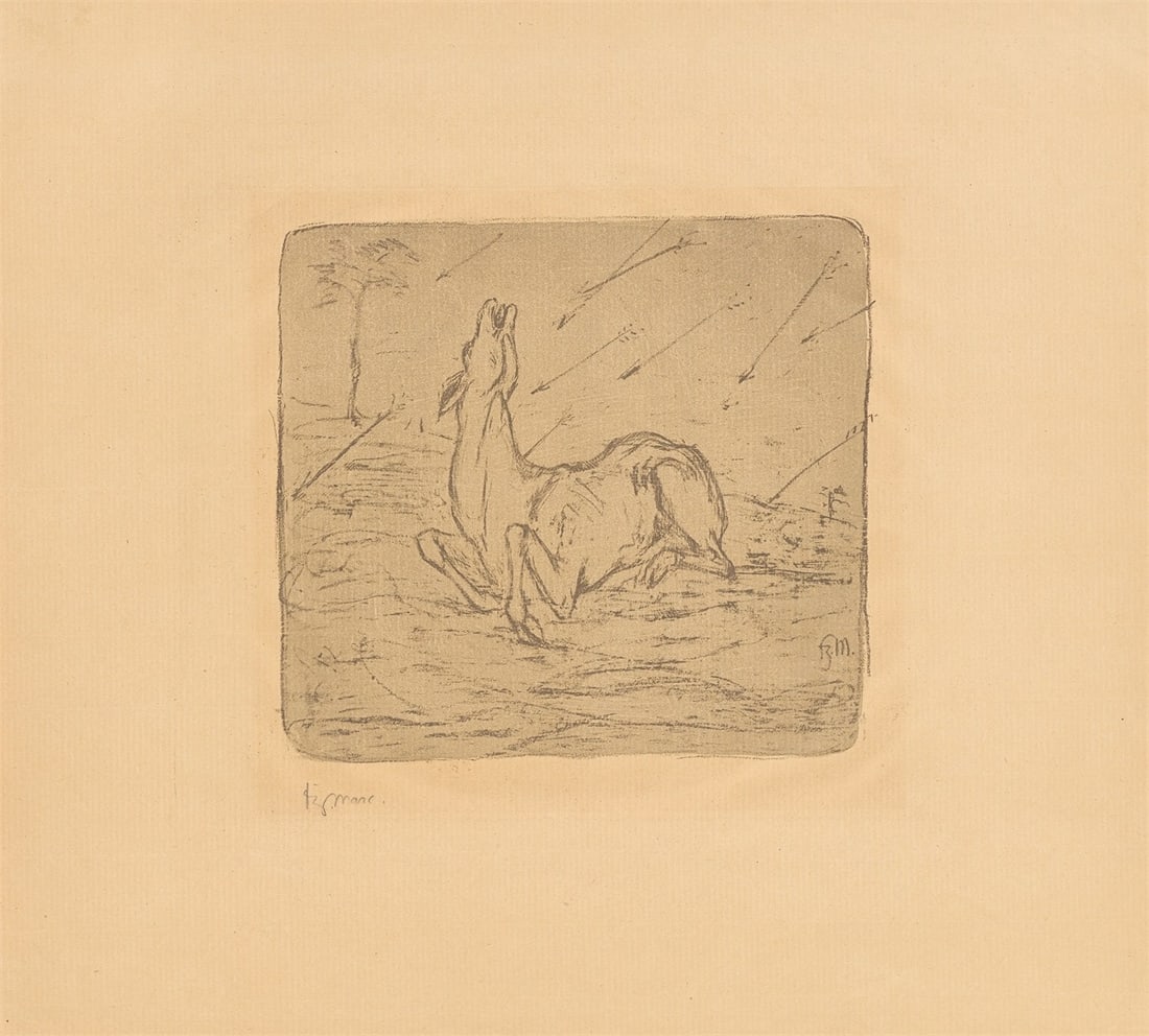Franz Marc. ”Sterbendes Reh”. 1908: Franz Marc (Munich 1880 – 1916 Verdun). ”Sterbendes Reh”. 1908 Lithograph on brownish laid paper. 19 × 20,8 cm (37,3 × 41,3 cm) (7 ½