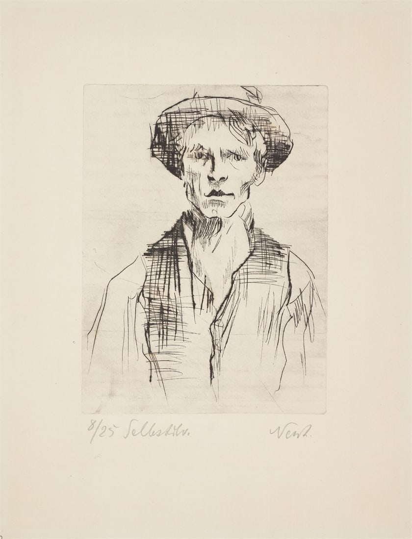 Rolf Nesch. ”Selbstbildnis (Selbstbildnis mit Hut)”. 1923: Rolf Nesch (Oberesslingen am Neckar 1893 – 1975 Oslo). ”Selbstbildnis (Selbstbildnis mit Hut)”. 1923 Drypoint on light grey laid paper. 22,7 × 17,9 cm (37,5 