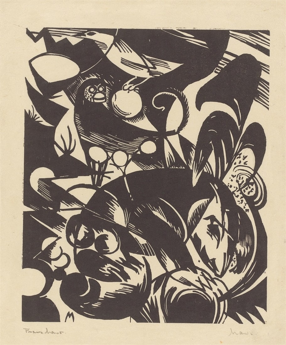 Franz Marc. ”Schöpfungsgeschichte I”. 1914: Franz Marc (Munich 1880 – 1916 Verdun). ”Schöpfungsgeschichte I”. 1914 Woodcut on thin Japan paper. 23,9 × 19,9 cm (35 × 24,5 cm) (9 