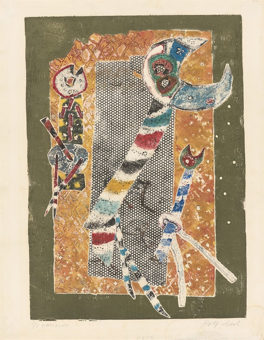 Rolf Nesch. Drei Vögel (Three birds). 1956: Rolf Nesch (Oberesslingen am Neckar 1893 – 1975 Oslo). Drei Vögel (Three birds). 1956 Colour metal printing on heavy wove paper. 57,1 × 40,8 cm (64,3 × 50