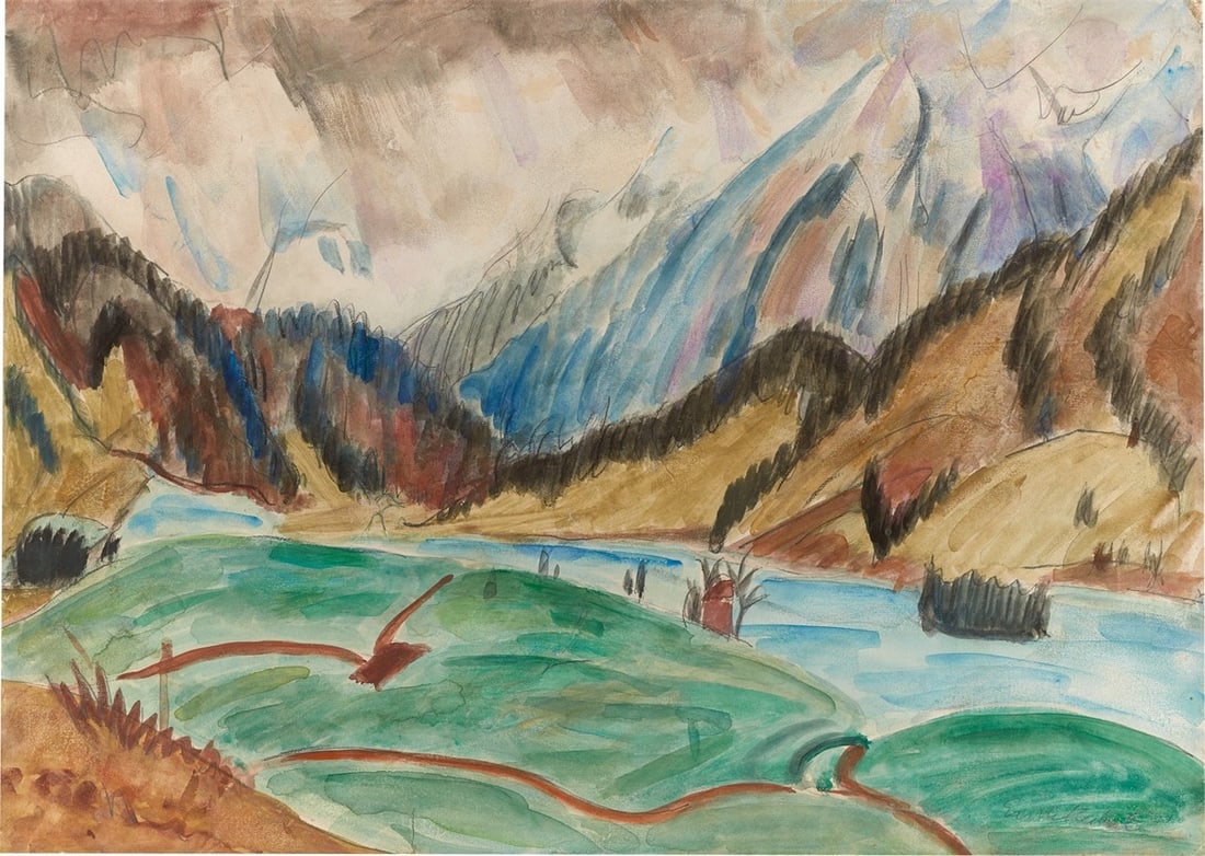 Erich Heckel. River landscape. Circa 1921: Erich Heckel (Döbeln 1883 – 1970 Radolfzell on Lake Constance). River landscape. Circa 1921 Watercolour over chalk and pencil on paper, mounted on heavy wove paper. 49 × 68,7