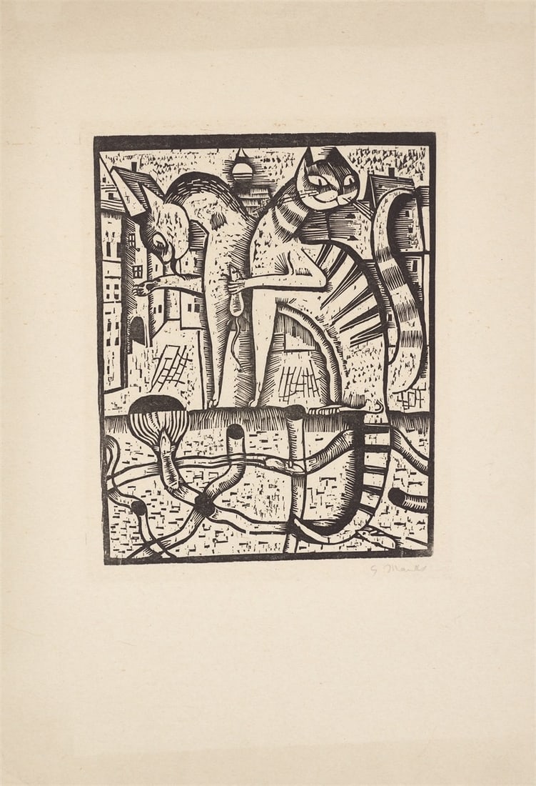 Gerhard Marcks. ”Hohe Herrschaften”. 1922: Gerhard Marcks (Berlin 1889 – 1981 Burgbrohl/Eifel). ”Hohe Herrschaften”. 1922 Woodcut on Japan paper. 28,8 × 23,3 cm (53,5 × 36,7 cm) (11&nbs