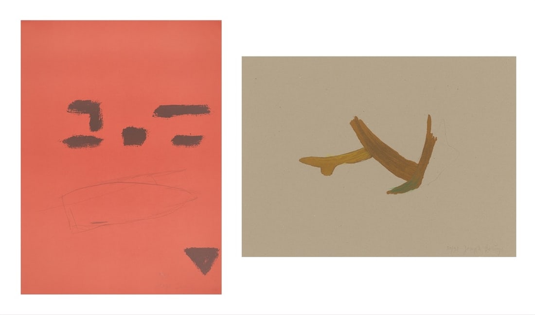 Joseph Beuys. From: ”Spur II”. 1977: Joseph Beuys (Krefeld 1921 – 1986 Düsseldorf). From: ”Spur II”. 1977 2 sheets: colour lithograph on laid paper and colour lithograph on grey brown packing paper.