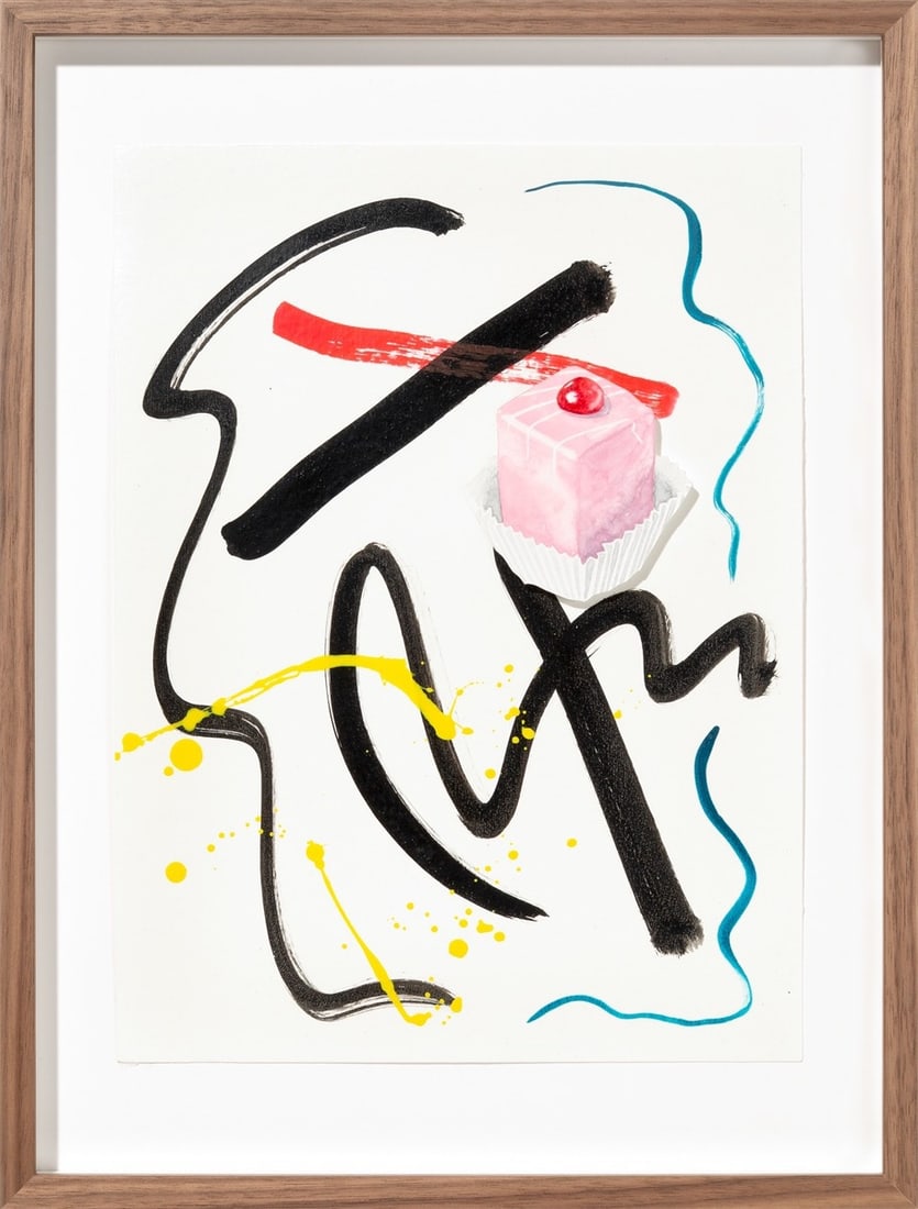 Charity Lot - Albrecht/Wilke. ”Kleiner Punschkrapfen”. 2025: Albrecht/Wilke (Berlin 1992 and Stade 1991 – live in Berlin). ”Kleiner Punschkrapfen”. 2025 Paper collage, acrylic and gouache on paper. 32 × 24 × 0,6&n