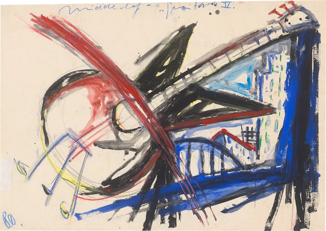 Helmut Middendorf. ”Guitar II”. 1980: Helmut Middendorf (Dinklage 1953 – lives in Berlin and Athens). ”Guitar II”. 1980 Acrylic, coloured chalk and pencil on paper. 61,5 × 86,7 cm