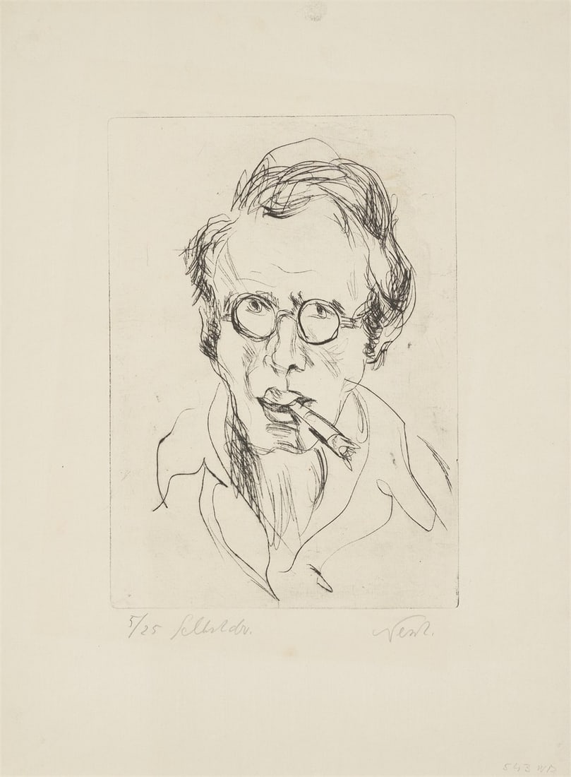 Rolf Nesch. ”Selbstbildnis mit Zigarre”. Circa 1922: Rolf Nesch (Oberesslingen am Neckar 1893 – 1975 Oslo). ”Selbstbildnis mit Zigarre”. Circa 1922 Drypoint on Zanders laid paper. 24,6 × 17,5 cm (39 × 