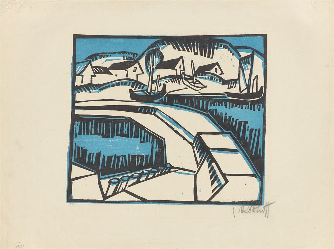 Karl Schmidt-Rottluff. ”Dünen und Mole”. 1917/23: Karl Schmidt-Rottluff (Rottluff 1884 – 1976 Berlin). ”Dünen und Mole”. 1917/23 Colour woodcut on thin ivory-coloured laid paper. 29 × 33,7 cm