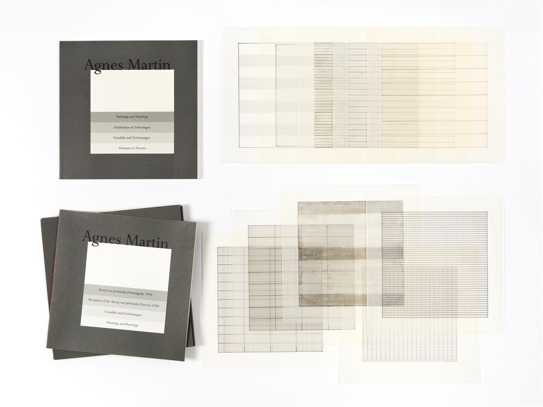 Agnes Martin. ”Agnes Martin - Paintings and Drawings 1974-1990”. 1991: Agnes Martin (Macklin/Canada 1912 – 2004 Taos, New Mexico). ”Agnes Martin - Paintings and Drawings 1974-1990”. 1991 Original cardboard portfolio with 10 colour lithographs, each on