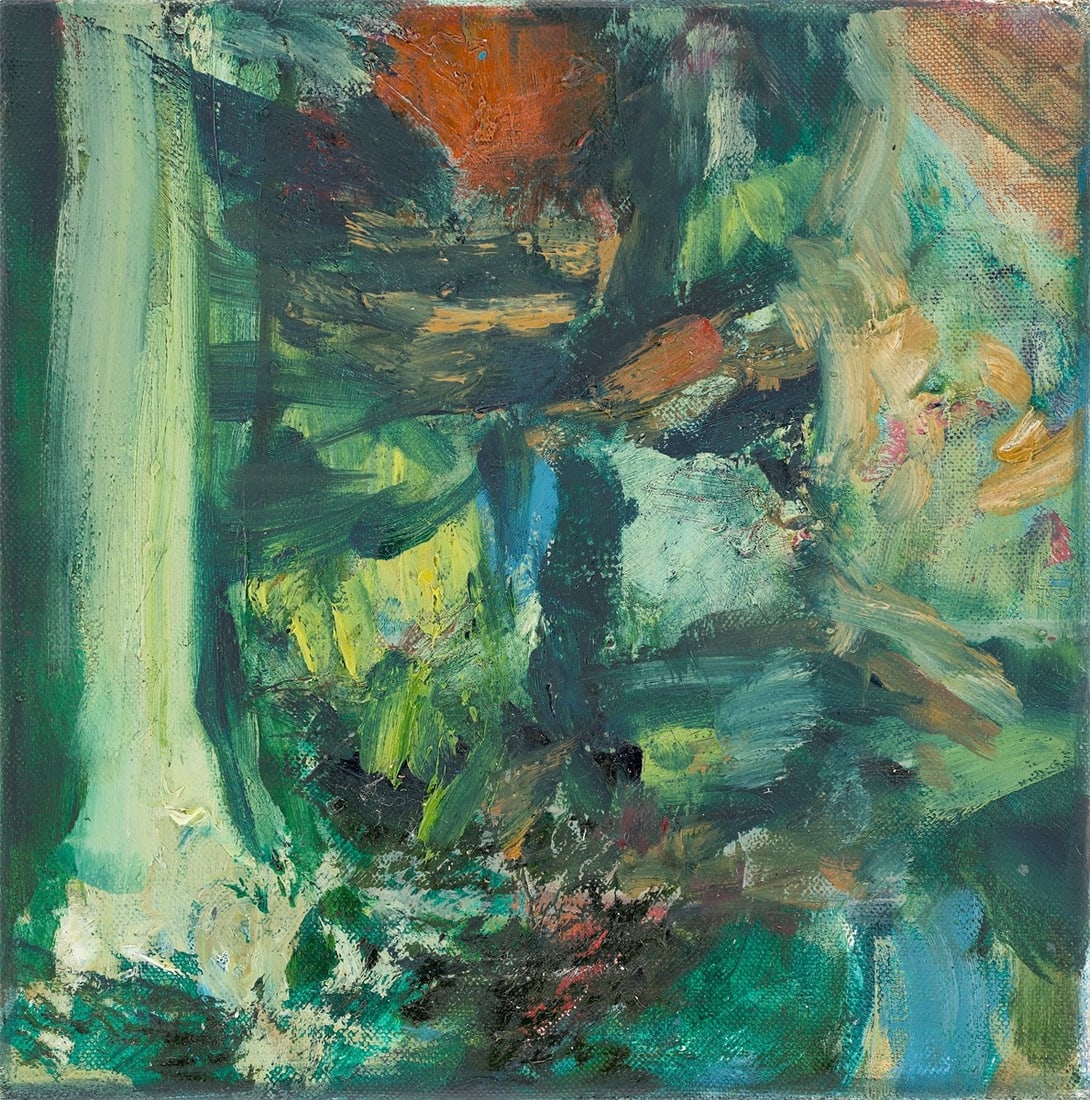 Sarah Cunningham. ”Woodland Window”. 2021: Sarah Cunningham (Nottingham 1993 – 2024 London). ”Woodland Window”. 2021 Oil on canvas. 20,5 × 20,2 cm (8 ⅛ × 8 in.). Titled,