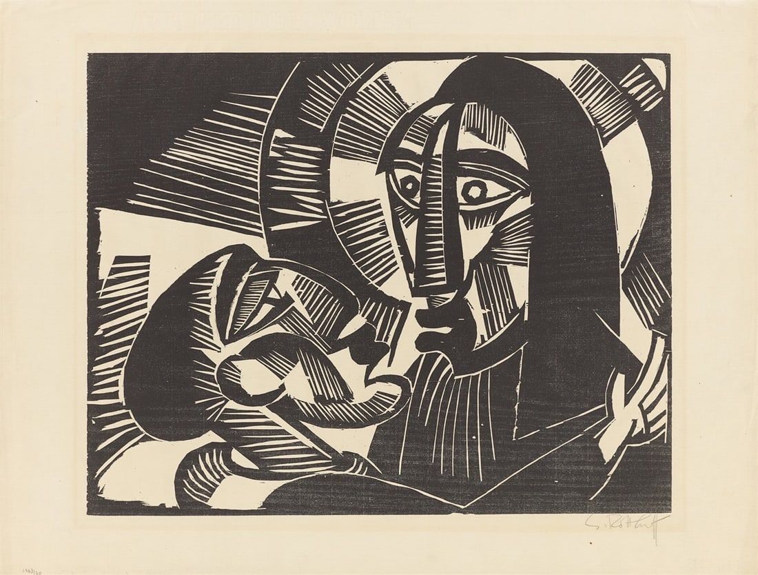 Karl Schmidt-Rottluff. ”Christus und Judas”. 1918: Karl Schmidt-Rottluff (Rottluff 1884 – 1976 Berlin). ”Christus und Judas”. 1918 Woodcut on cream Val Gelder Zonen laid paper. 39,7 × 50 cm