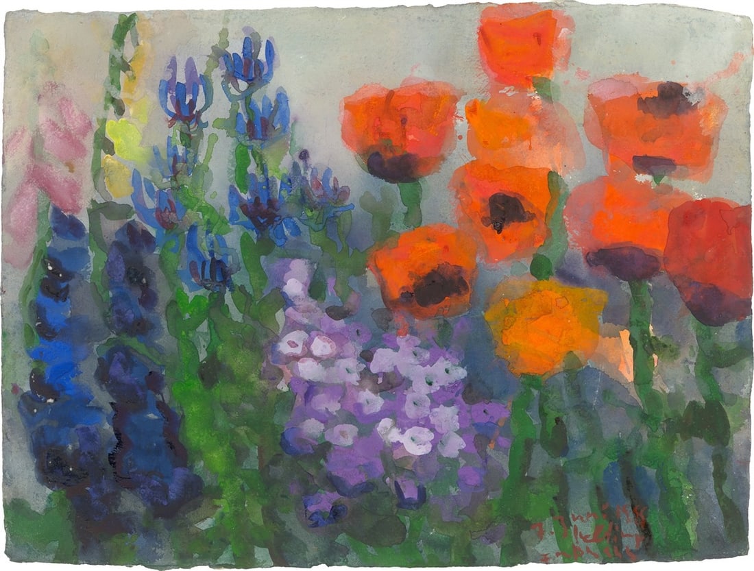 Klaus Fußmann. Flowers (delphiniums and poppies). 1999: Klaus Fußmann (Velbert 1938 – lives in Berlin and Gelting). Flowers (delphiniums and poppies). 1999 Watercolour and gouache on heavy paper. 57 × 77,5 cm (frame: