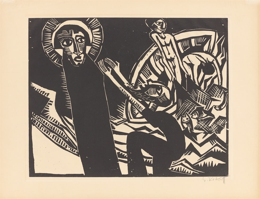 Karl Schmidt-Rottluff. ”Petri Fischzug”. 1918: Karl Schmidt-Rottluff (Rottluff 1884 – 1976 Berlin). ”Petri Fischzug”. 1918 Woodcut on cream Van Gelder Zonen laid paper. 39,7 × 49,8 cm