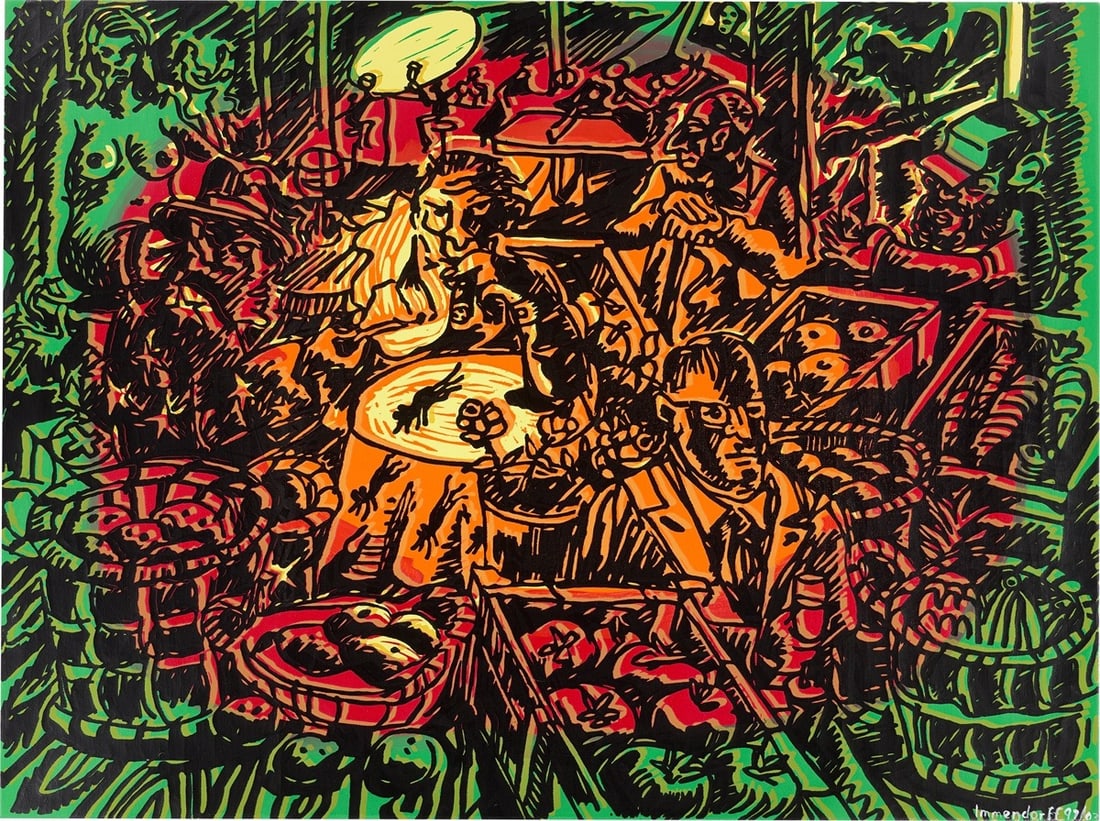 Jörg Immendorff. ”Café de Flore”. 1997/2003: Jörg Immendorff (Bleckede/Elbe 1945 – 2007 Düsseldorf). ”Café de Flore”. 1997/2003 Colour silkscreen and linocut on canvas. 59 × 79 cm