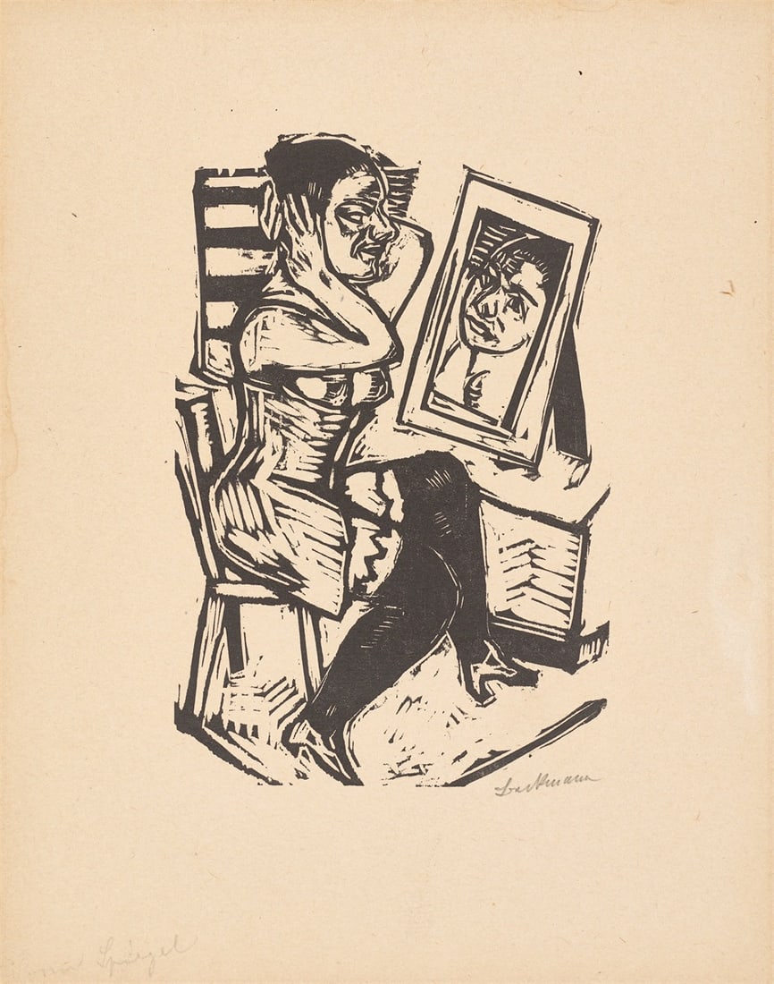 Max Beckmann. ”Toilette”. 1923: Max Beckmann (Leipzig 1884 – 1950 New York). ”Toilette”. 1923 Woodcut on wove paper. 22,5 × 15,1 cm (34 × 27 cm)