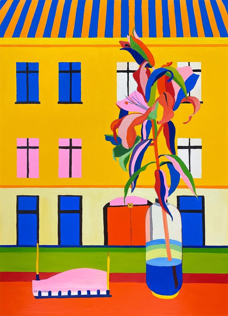 Charity Lot - Navot Miller. ”Lillies & Menorah on Auguststraße”. 2022: Navot Miller (Shadmot Mehola/Israel 1991 – lives in New York). ”Lillies & Menorah on Auguststraße”. 2022 Oil on linen.