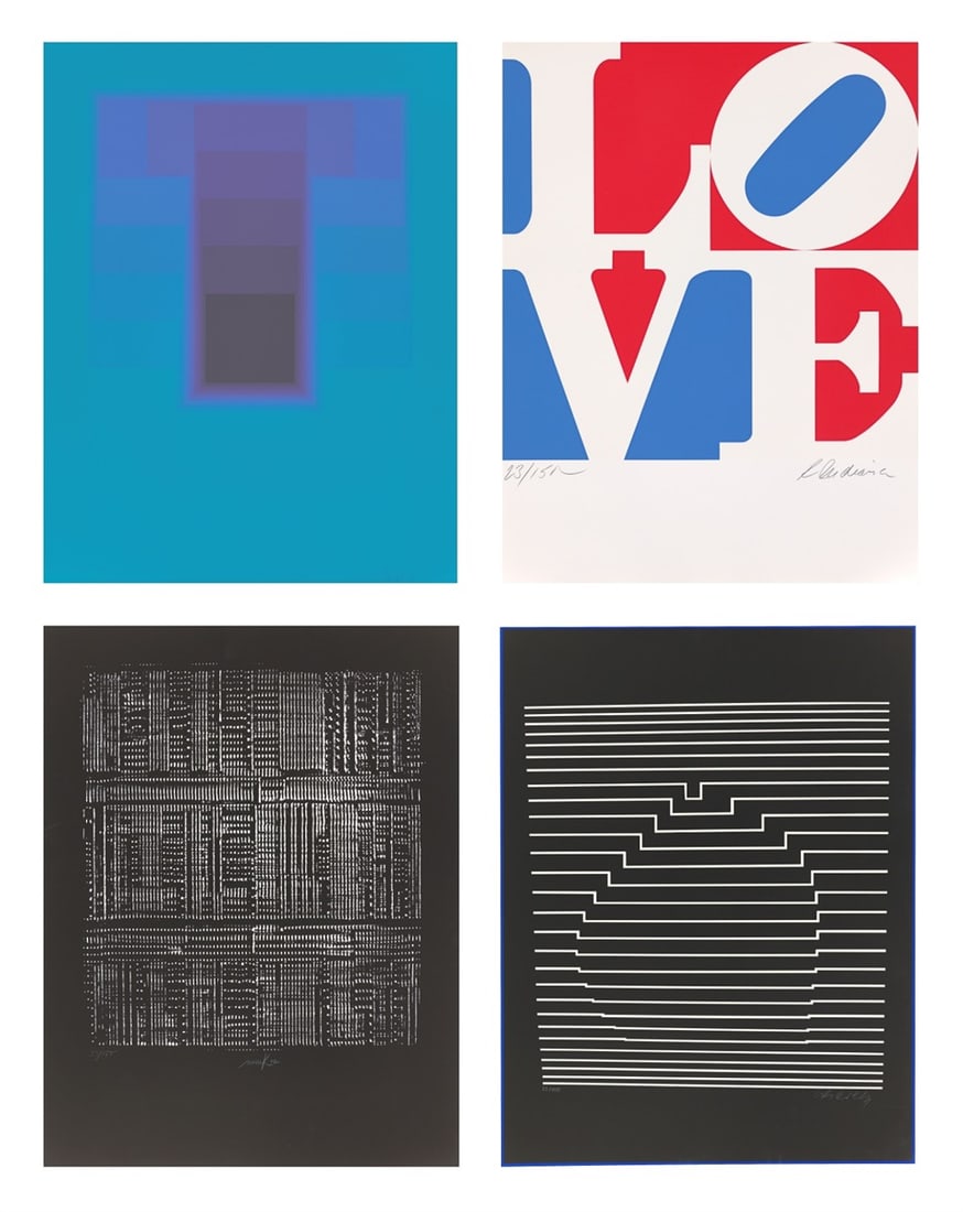 Portfolio. ”MAUSER 1973”. 1973: Portfolio. ”MAUSER 1973”. 1973 Original plastic box with four colour silkscreens on cardboard of Karl Gerstner, Robert Indiana, Heinz Mack and Victor Vaserely. Each: