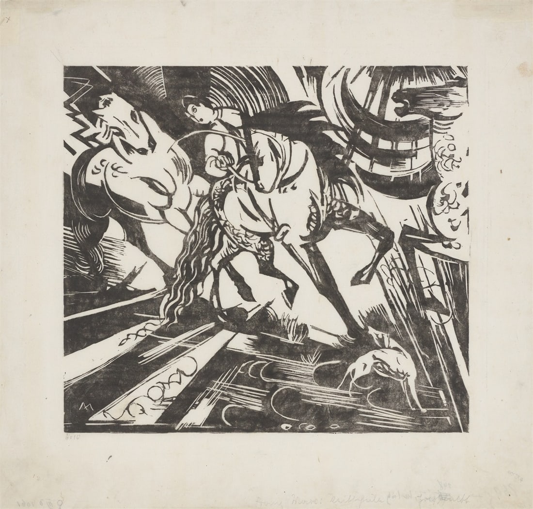 Franz Marc. ”Reitschule”. 1913: Franz Marc (Munich 1880 – 1916 Verdun). ”Reitschule”. 1913 Woodcut on thin Japan paper. 26,8 × 29,6 cm (37,5 × 39,5 cm)